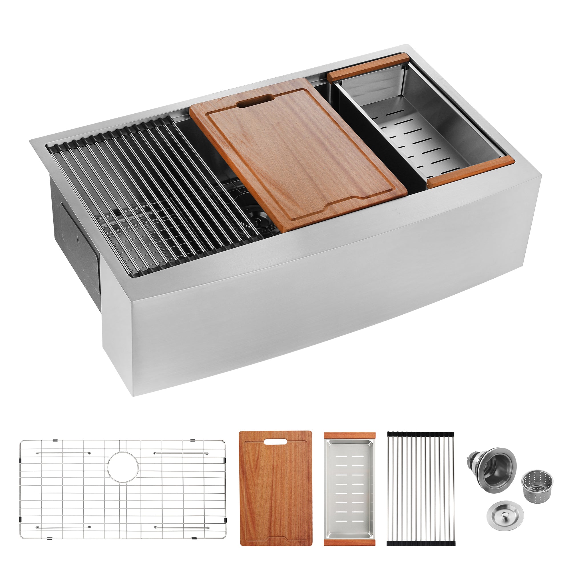 Anthony & Home stainless steel farmhouse apron kitchen sink with workstation, featuring a deep basin and integrated prep area.