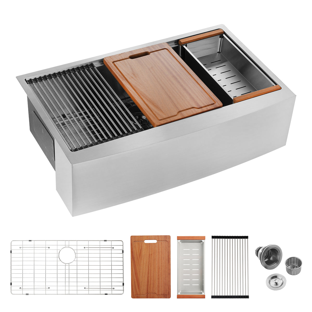 Anthony & Home stainless steel farmhouse apron kitchen sink with workstation, featuring a deep basin and integrated prep area.