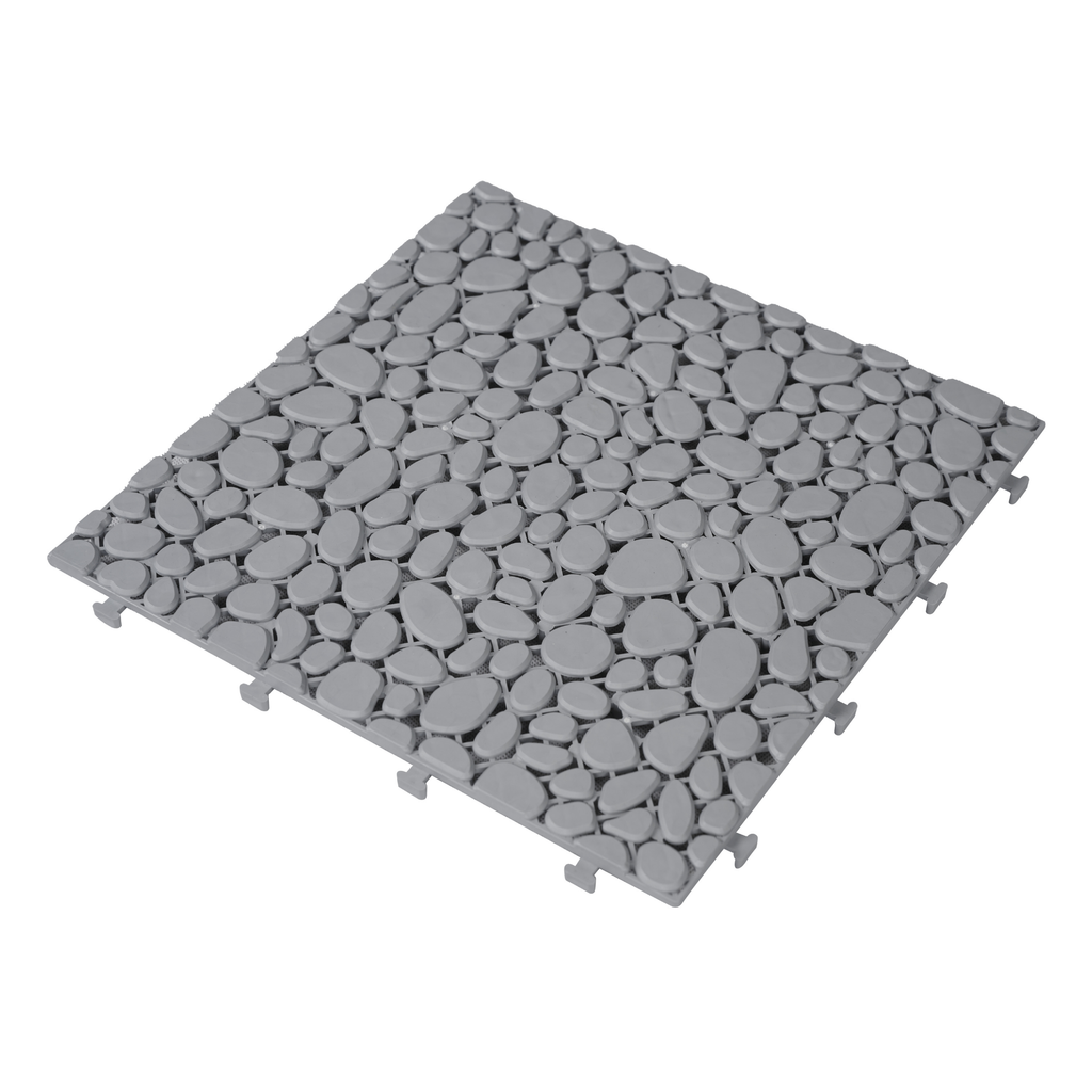 Gray pebble stone interlocking deck tiles by Anthony & Home, waterproof 12x12 outdoor flooring for patios and decks.