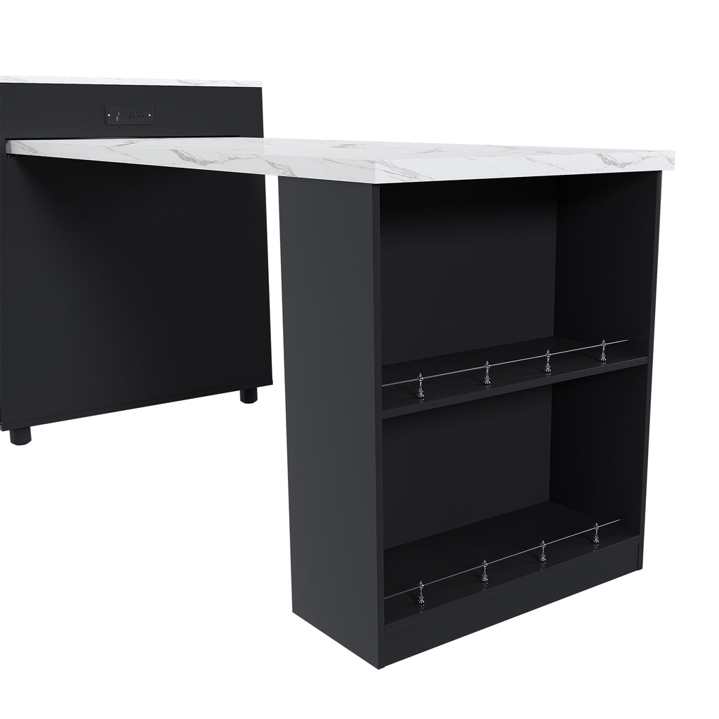 Black Expandable Kitchen Island with Marble - Grain Countertop, Power Outlet, Mobile Storage Cart with Cabinet & 2 Drawers, 80 - Inch Dining Table - Anthony & Home