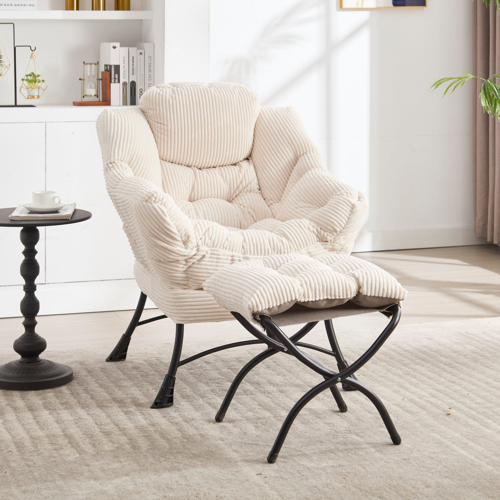 Ivory upholstered lounge chair with matching ottoman and side pocket, modern reading nook accent by Anthony & Home.