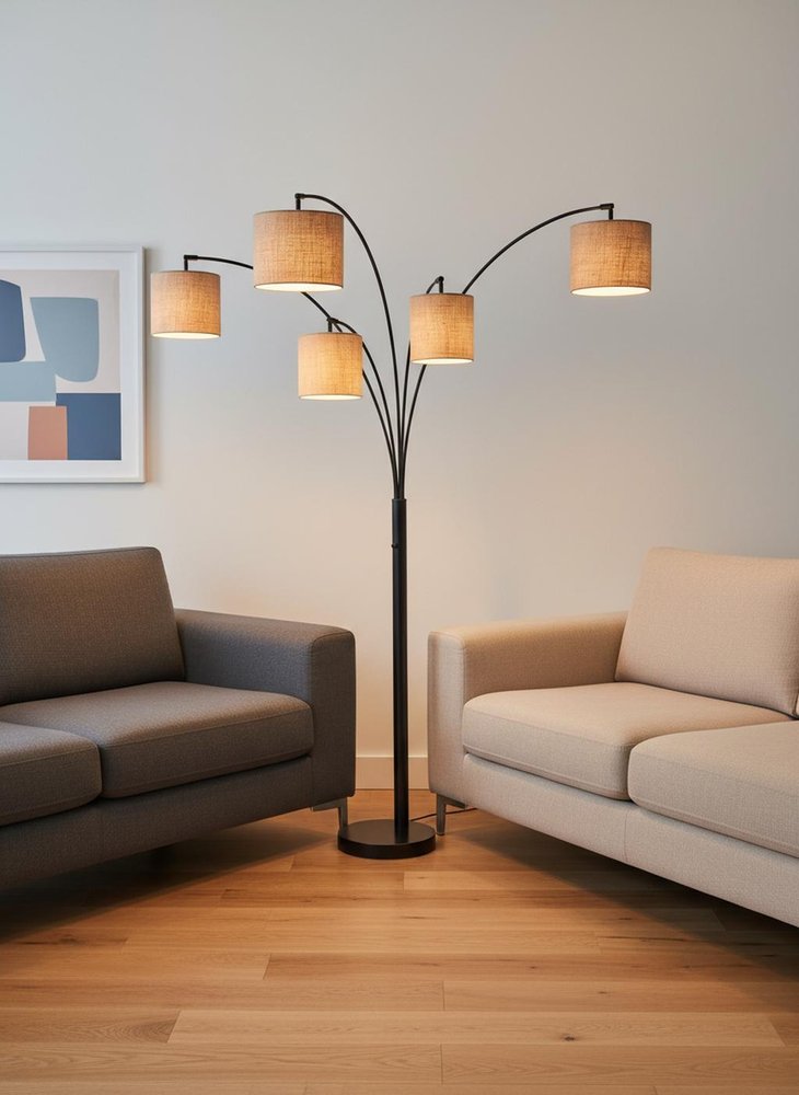Bronze five-light tree floor lamp by HomeRoots with beige fabric drum shades, standing tall with elegant design.