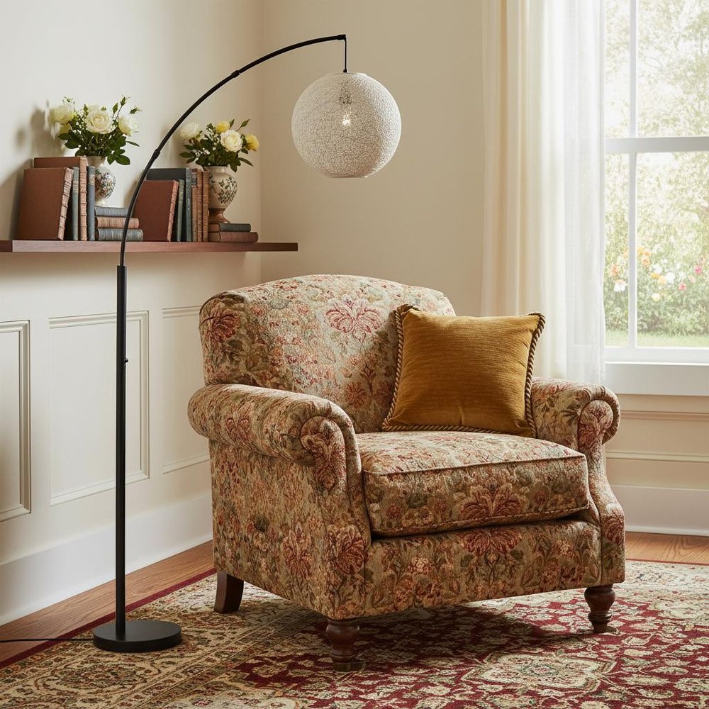 77" Antiqued Bronze Arched Floor Lamp With Groovy Beige Abstract Wicker Globe Shade