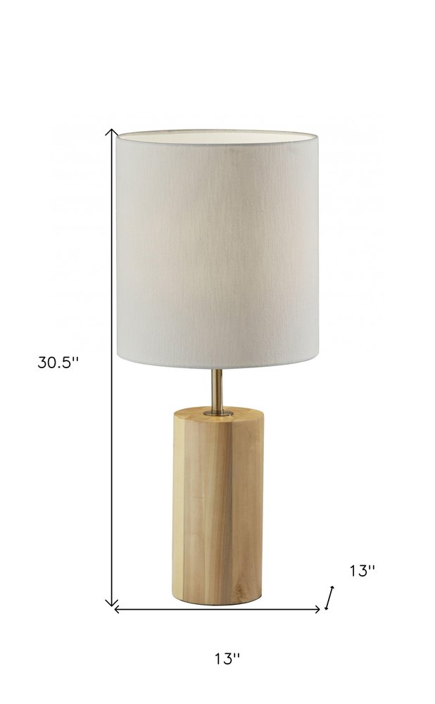 Natural wood circular block table lamp by HomeRoots, featuring a round wooden base and a simple fabric lampshade.