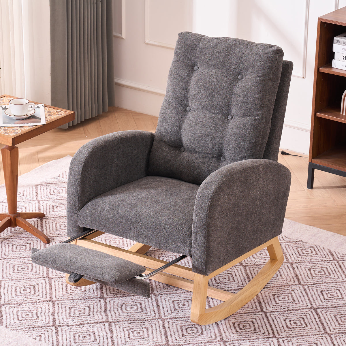 Gray Anthony & Home rocking chair with matching footrest, rubber wood frame, suitable for studio or living room decor