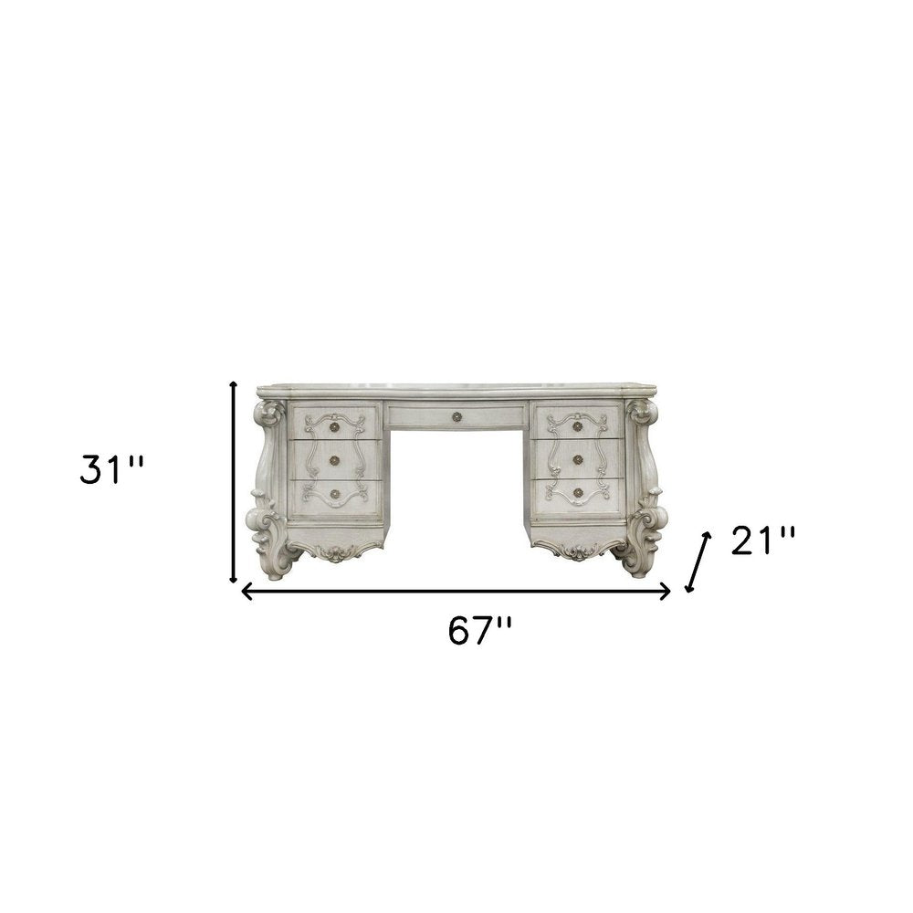 63" Brown Peninsula Vanity Desk With 7 Drawers