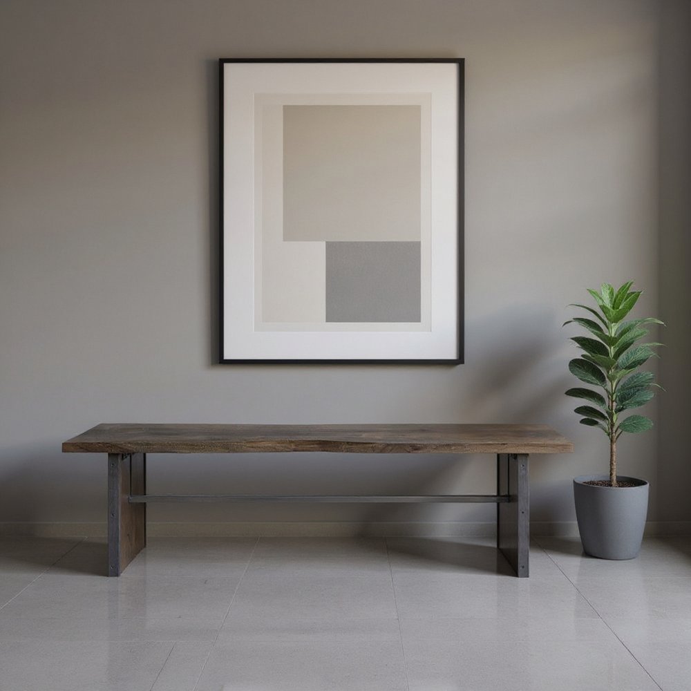 Rectangular Indian Mango Woodbrown Tone Finish W Metal Cladding On The Base Dining Bench