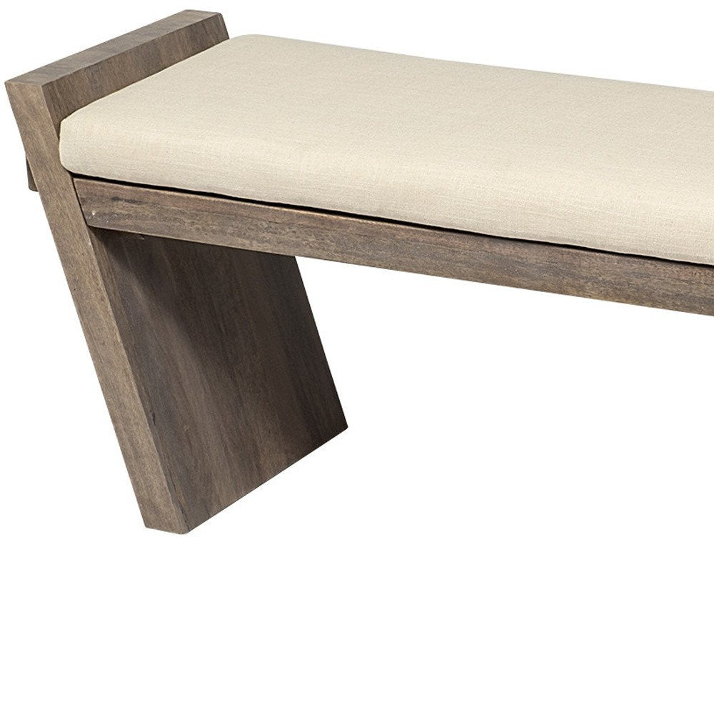 14" Cream and Brown Upholstered Linen Blend Bench - Anthony & Home