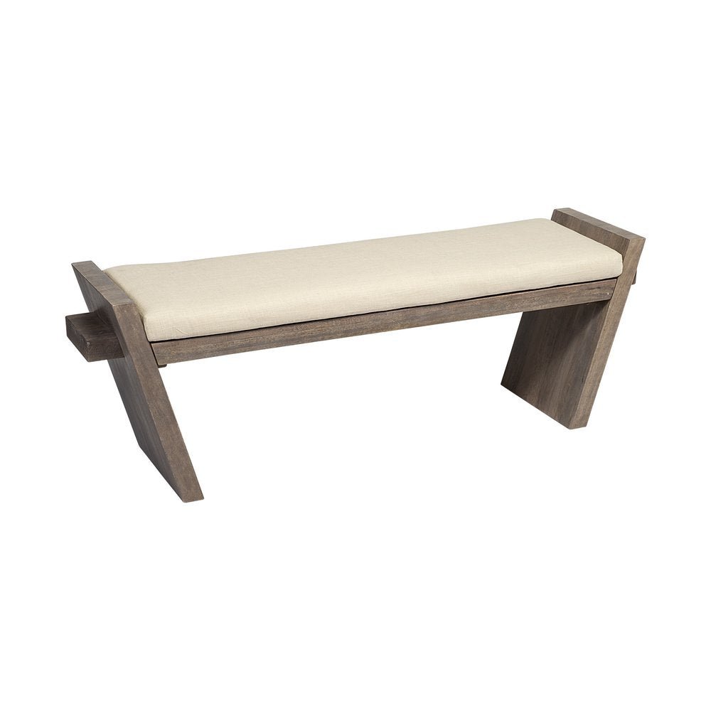 14" Cream and Brown Upholstered Linen Blend Bench - Anthony & Home