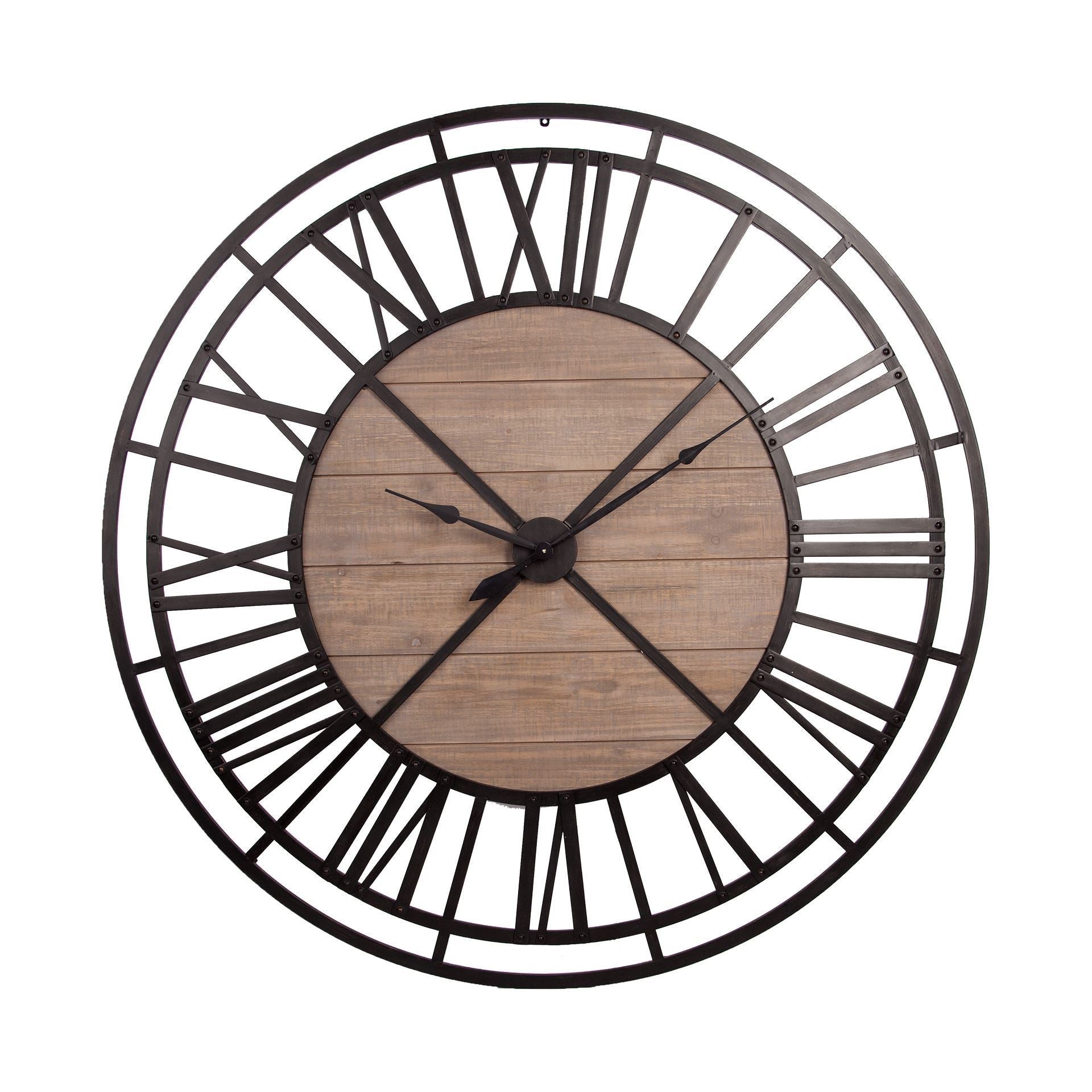 59" Black And Brown Metal and Solid Wood Skeleton Circle Wall Clock