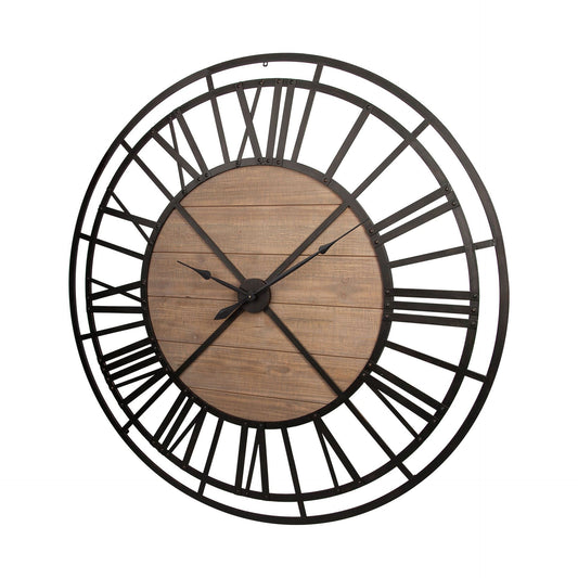 59" Black And Brown Metal and Solid Wood Skeleton Circle Wall Clock