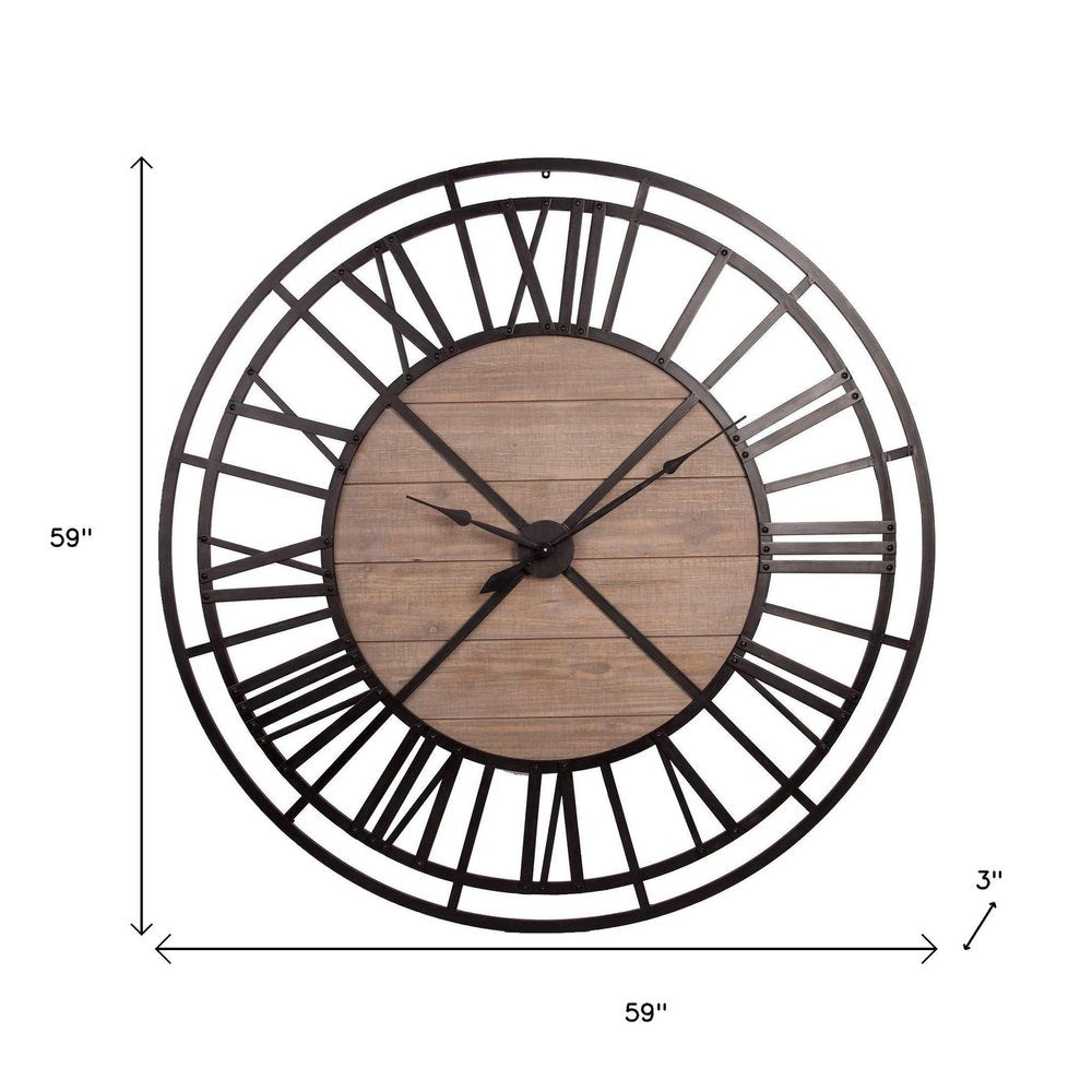59" Black And Brown Metal and Solid Wood Skeleton Circle Wall Clock