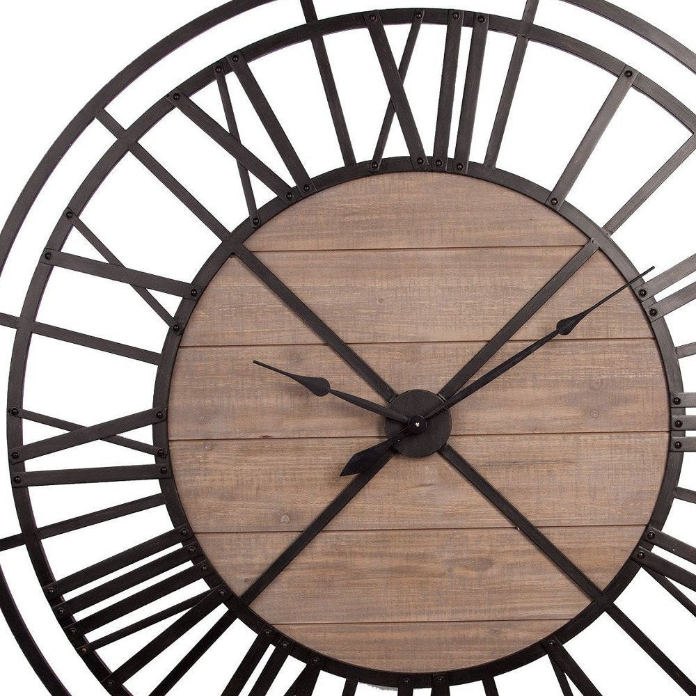 59" Black And Brown Metal and Solid Wood Skeleton Circle Wall Clock