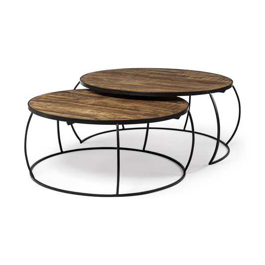 Brown and Black Wood and Metal Round Nested Coffee Tables-0