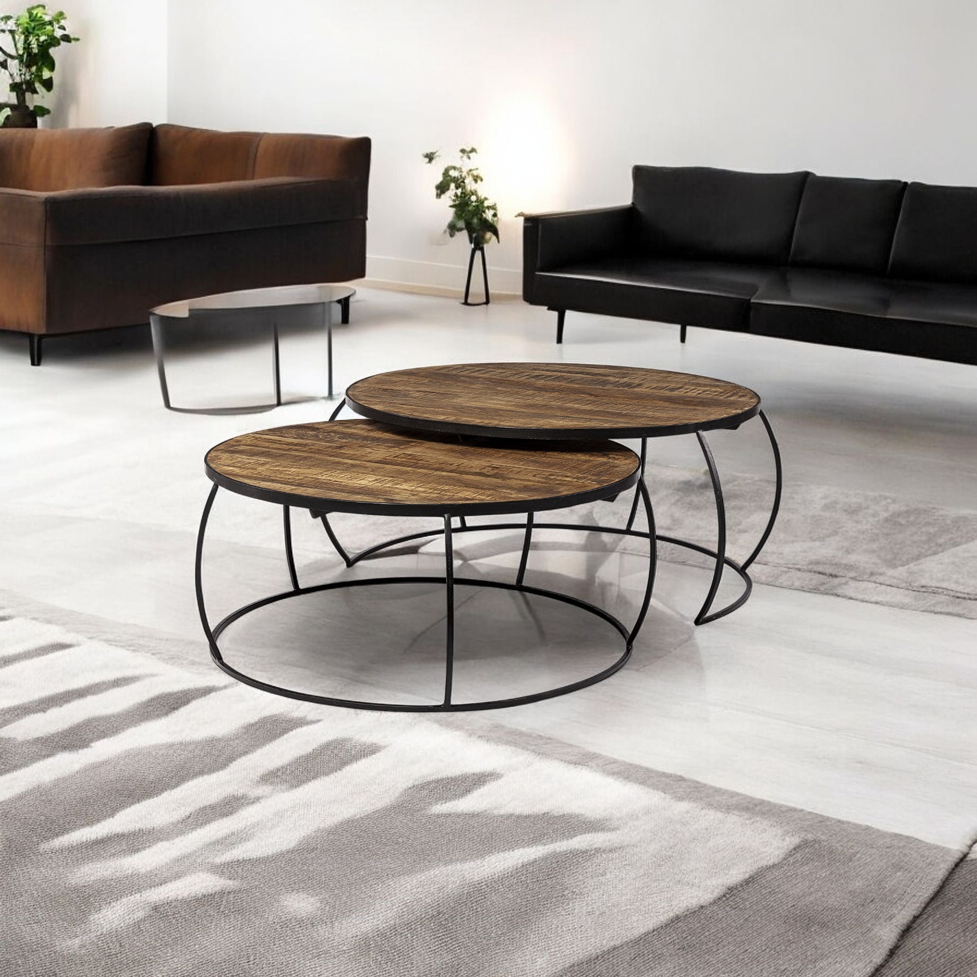 Brown and Black Wood and Metal Round Nested Coffee Tables-1