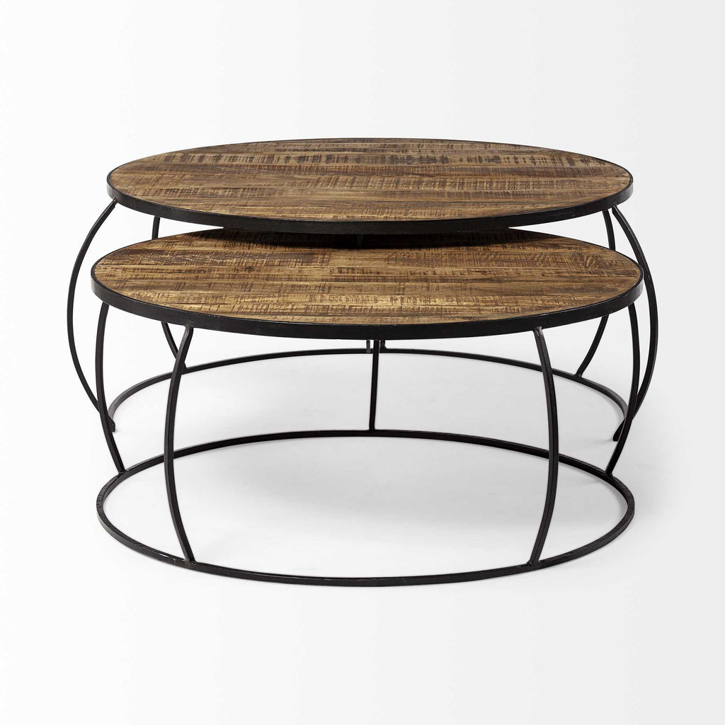 Brown and Black Wood and Metal Round Nested Coffee Tables-2