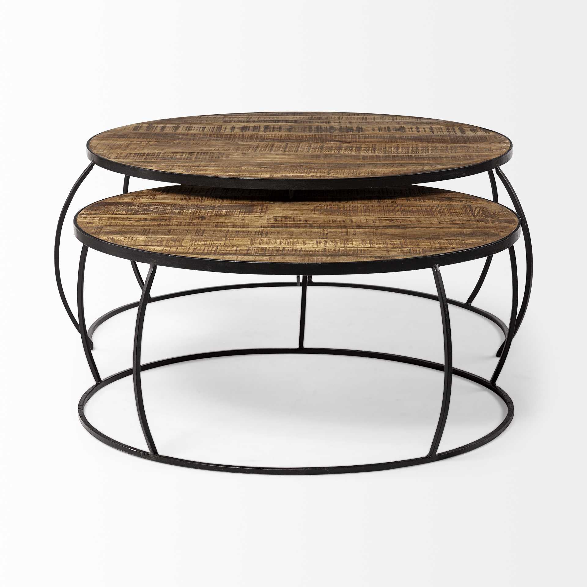 Brown and Black Wood and Metal Round Nested Coffee Tables-2