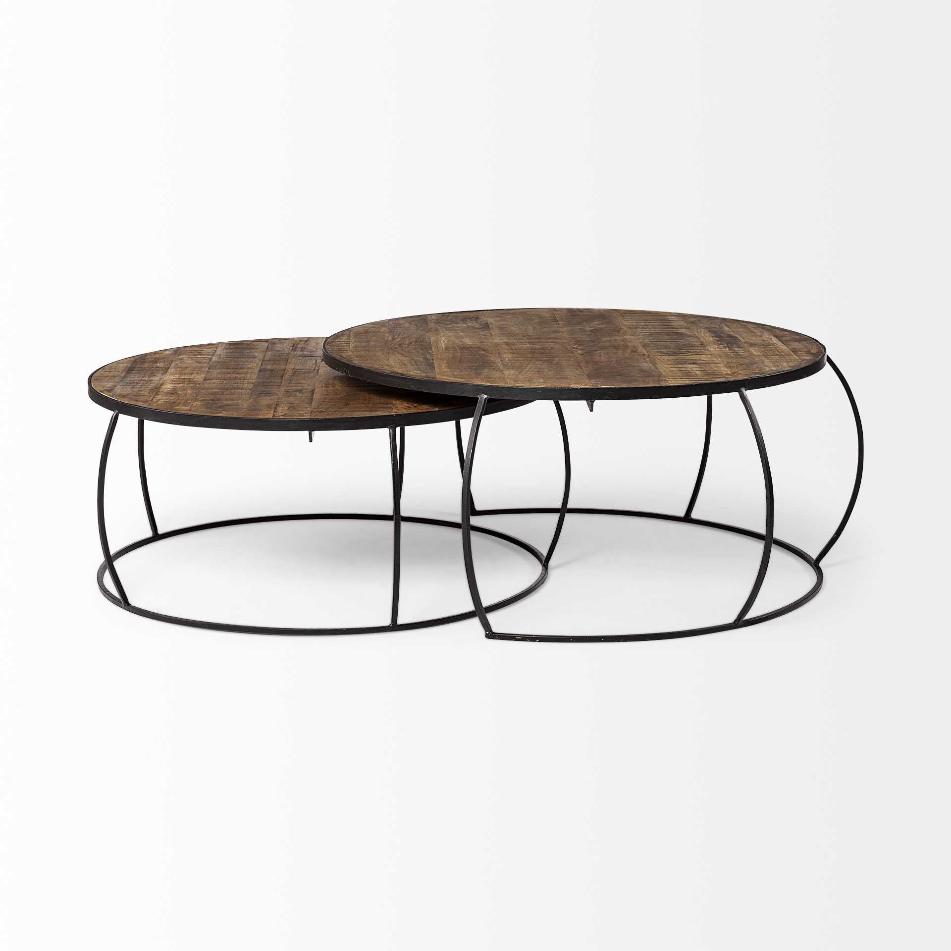 Brown and Black Wood and Metal Round Nested Coffee Tables-3