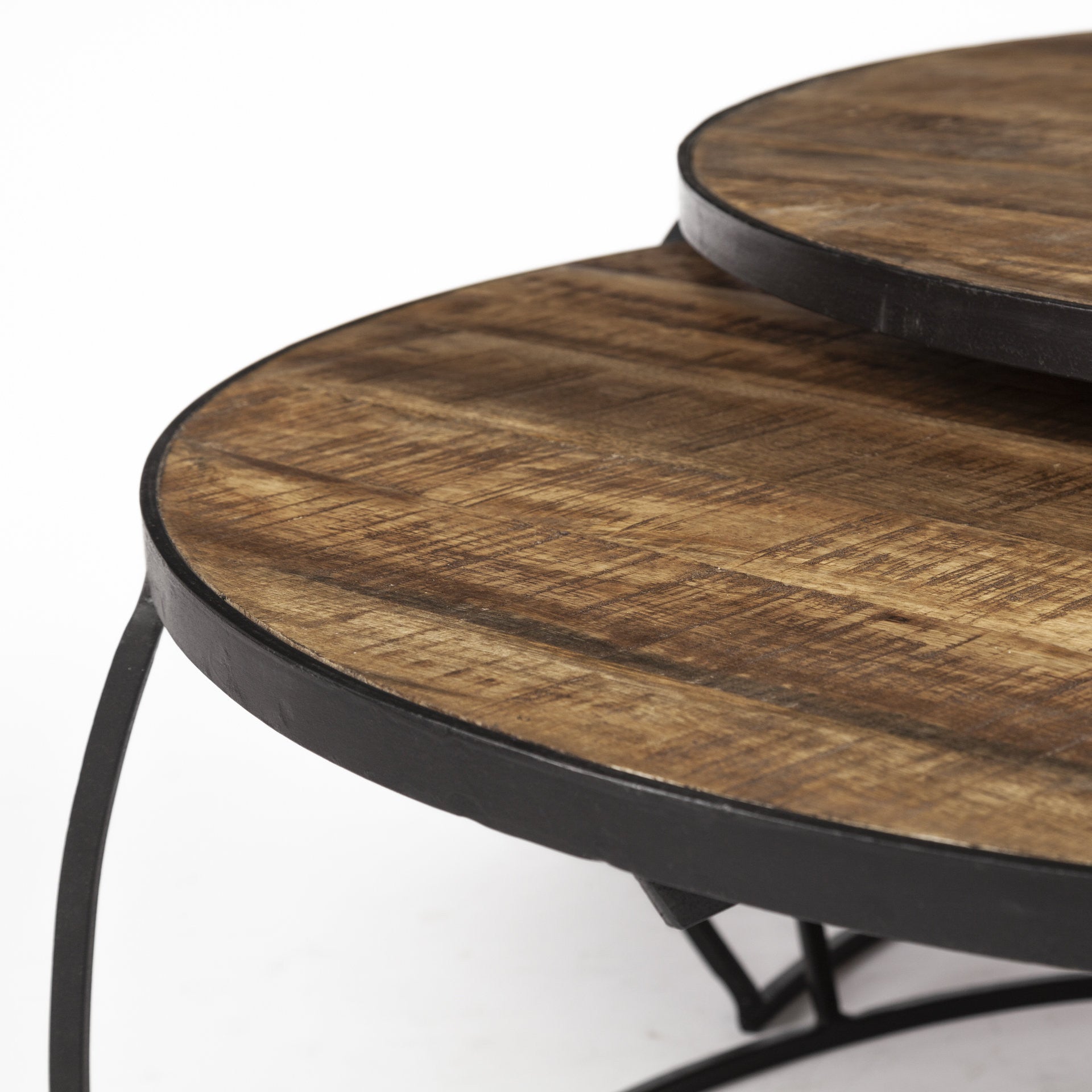 Brown and Black Wood and Metal Round Nested Coffee Tables-6