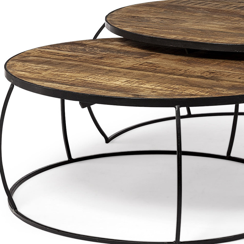 Brown and Black Wood and Metal Round Nested Coffee Tables-8