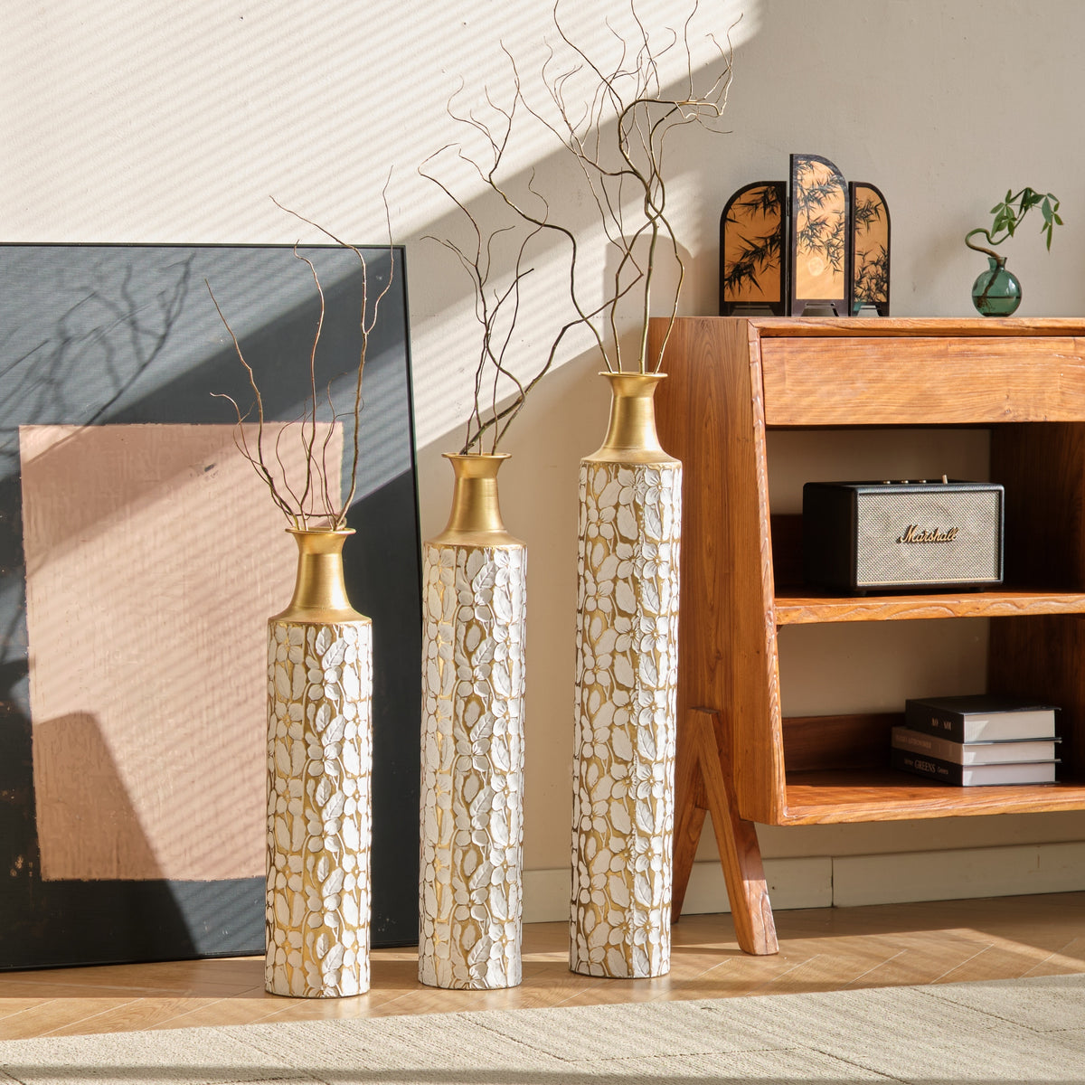 Heritage Collection Anthony & Home floor vase trio with elegant, tall ceramic vases in neutral tones displayed together.