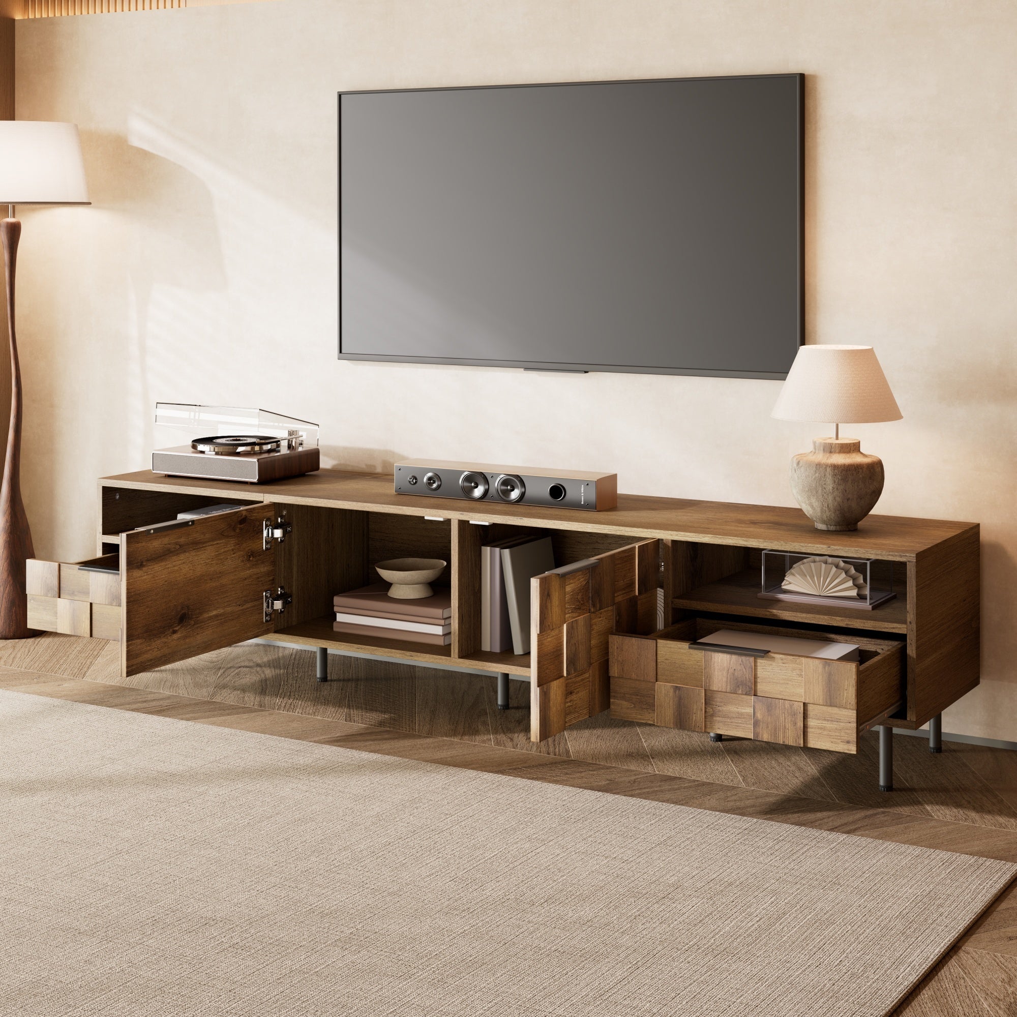 Mid-century natural wood TV stand with two drawers and open storage, styled for a studio living space by Anthony & Home