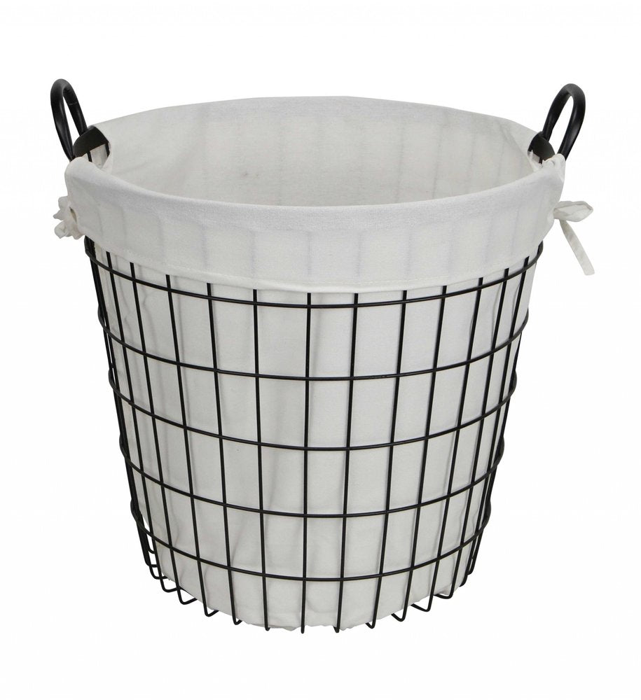 White fabric-lined metal laundry basket with handle, HomeRoots organizer for laundry storage and transport.