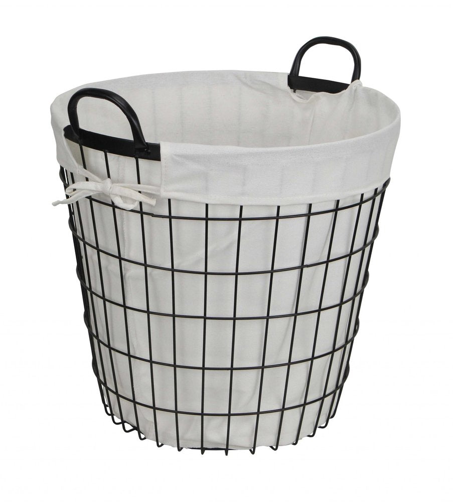 White fabric-lined metal laundry basket with handles, organizer by HomeRoots, designed for easy laundry storage and transport.