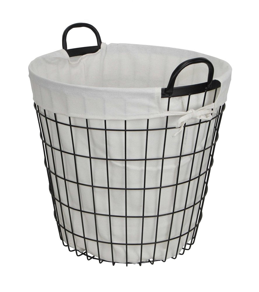 White Fabric Lined Metal Laundry Type Basket With Handle