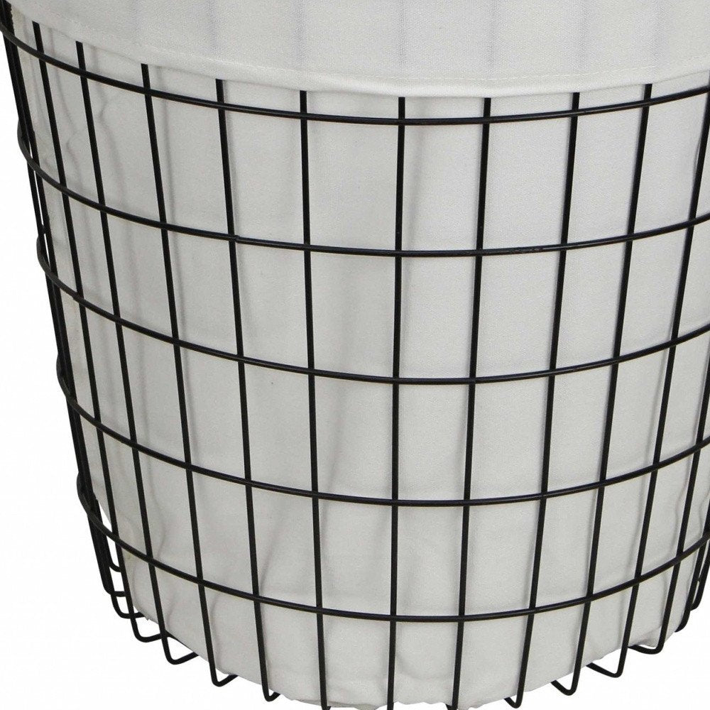 White Fabric Lined Metal Laundry Type Basket With Handle