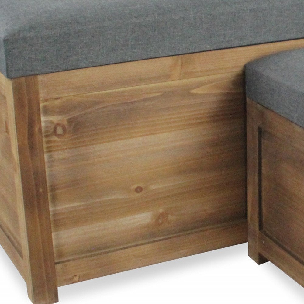 Set of 2 gray linen fabric and wood storage benches with rectangular shape and sturdy wooden legs, perfect for entryways or living rooms.