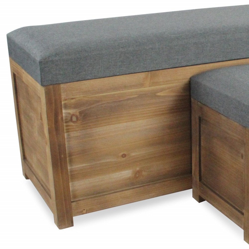 Set of 2 gray linen fabric and wood storage benches with rectangular shape and sturdy wooden legs, perfect for entryways or living rooms.