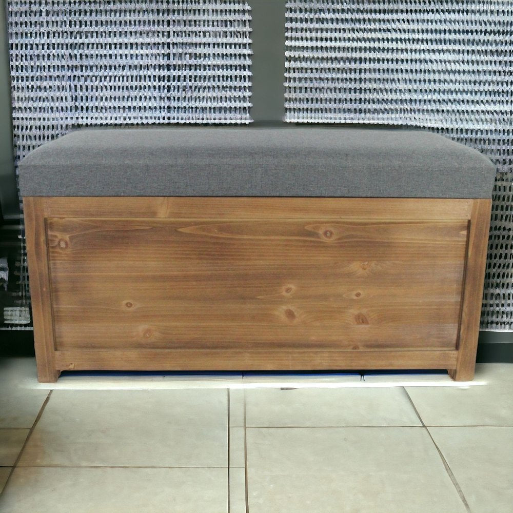 Set of 2 rectangular gray linen fabric and wood storage benches by HomeRoots, showcasing cushioned tops and wooden base.