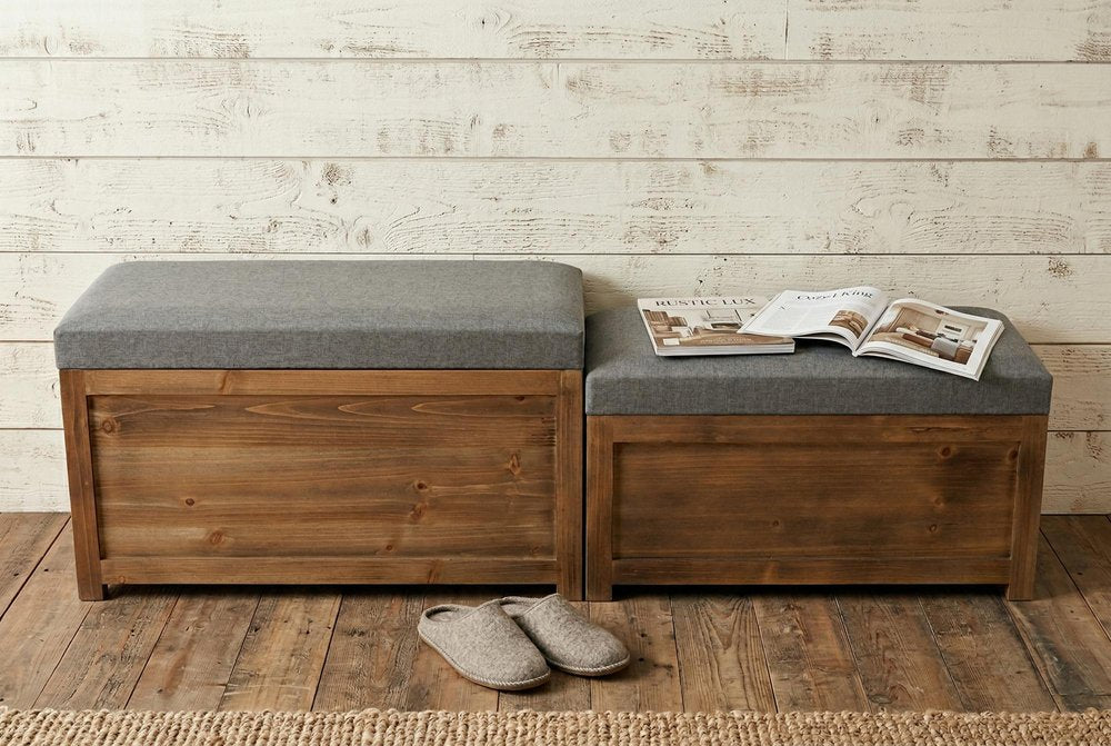 Set of 2 gray linen fabric and wood storage benches with rectangular shape and sturdy wooden legs, ideal for entryways or living spaces.
