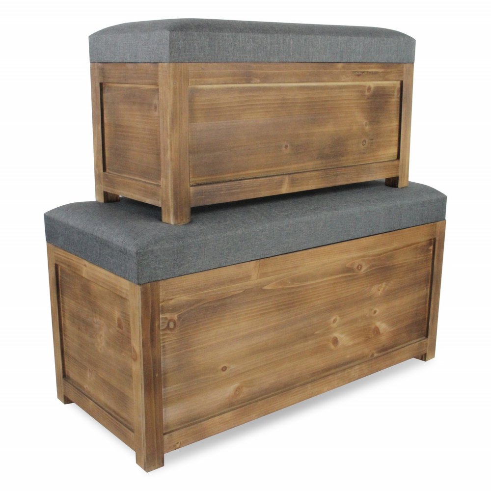 Set of 2 gray linen fabric and wood storage benches by HomeRoots, rectangular with cushioned tops and wooden legs.