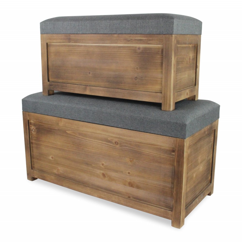 Set of 2 gray linen fabric and wood storage benches by HomeRoots, featuring rectangular shape and sturdy wooden bases.