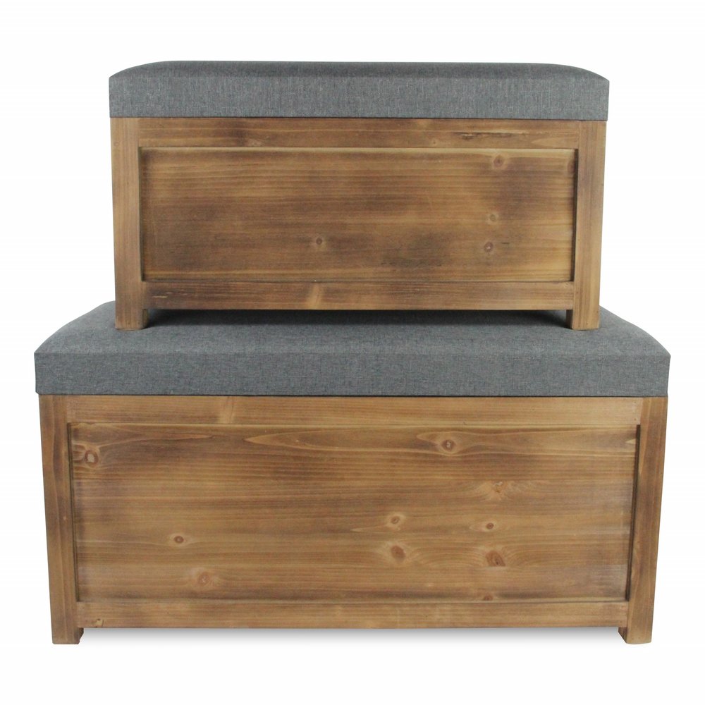 Set of 2 gray linen fabric and wood storage benches with rectangular design, ideal for entryways or living rooms.