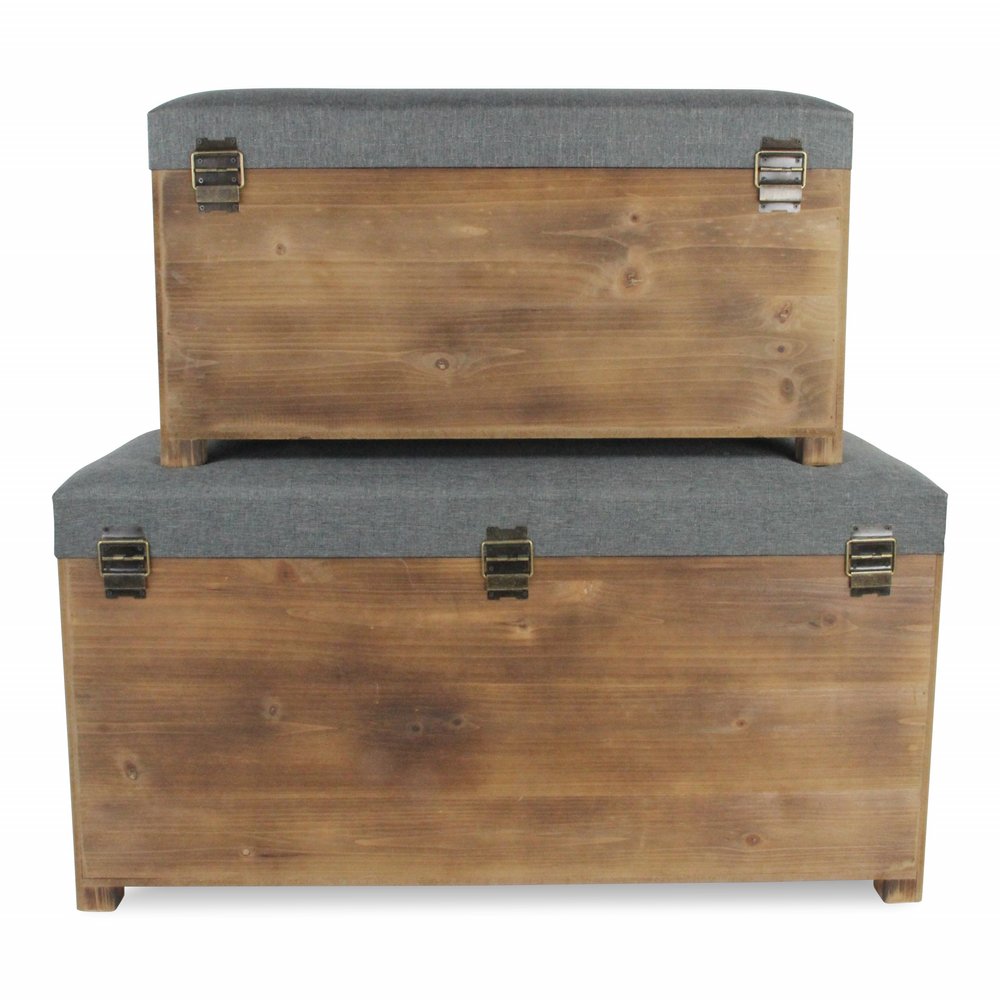 Set of 2 gray linen fabric and wood storage benches with rectangular design, ideal for entryway or living room seating.