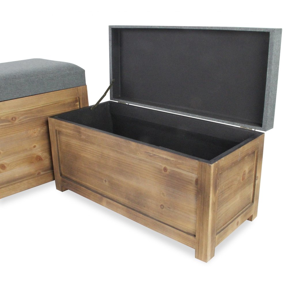 Set of 2 gray linen fabric and wood storage benches by HomeRoots, rectangular with cushioned tops and wooden legs.