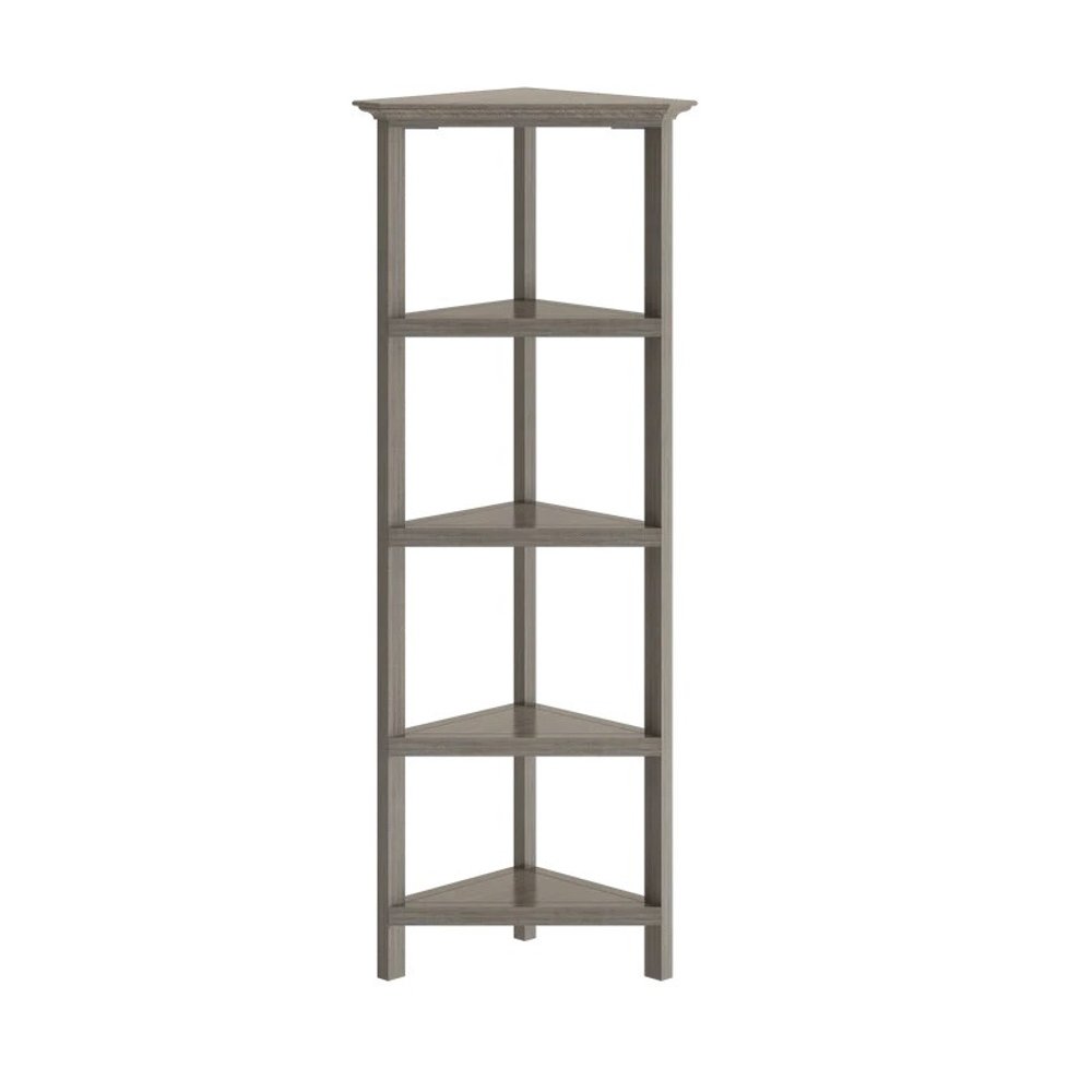 Gray solid wood corner bookcase with multiple shelves, ideal for home storage and display, by HomeRoots.