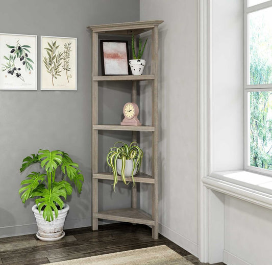Gray solid wood corner bookcase with multiple shelves, designed for home storage and display in living rooms or offices.