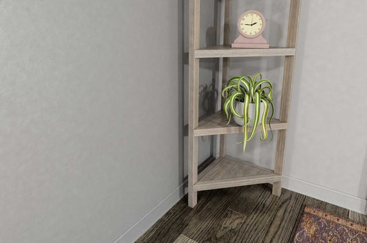 Gray solid wood corner bookcase by HomeRoots with multiple shelves for books and decorative items in a cozy room setting.