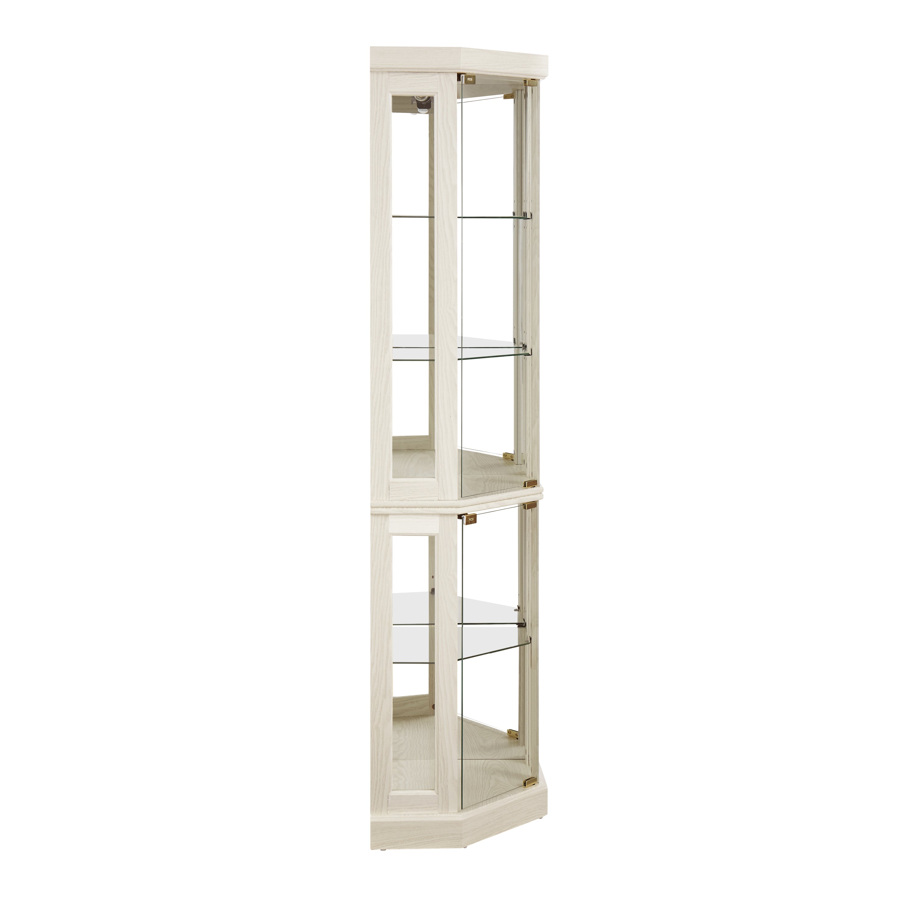 White Anthony & Home lighted corner curio cabinet with glass shelves, display space for collectibles, wine, and bar glasses.