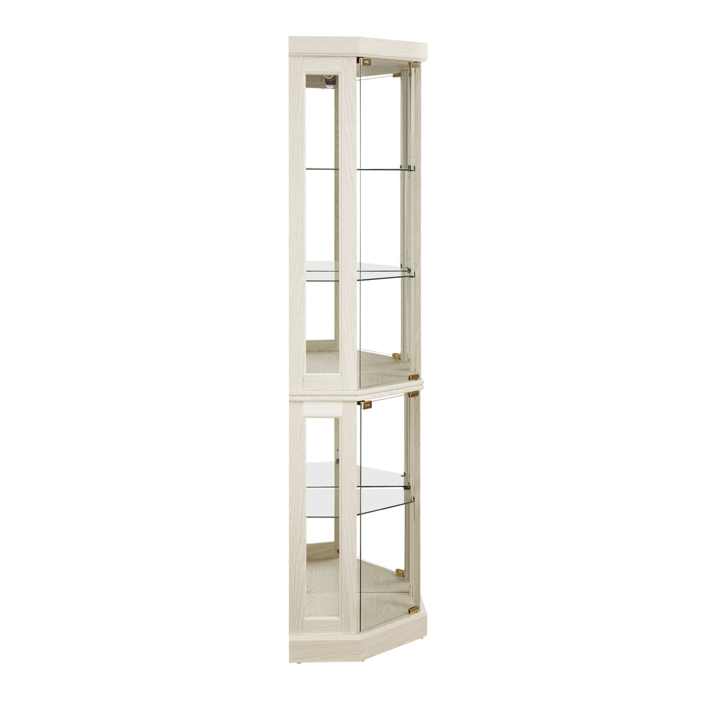 White lacquer lighted corner curio cabinet by Anthony & Home with glass doors and shelves, perfect for displaying collectibles.