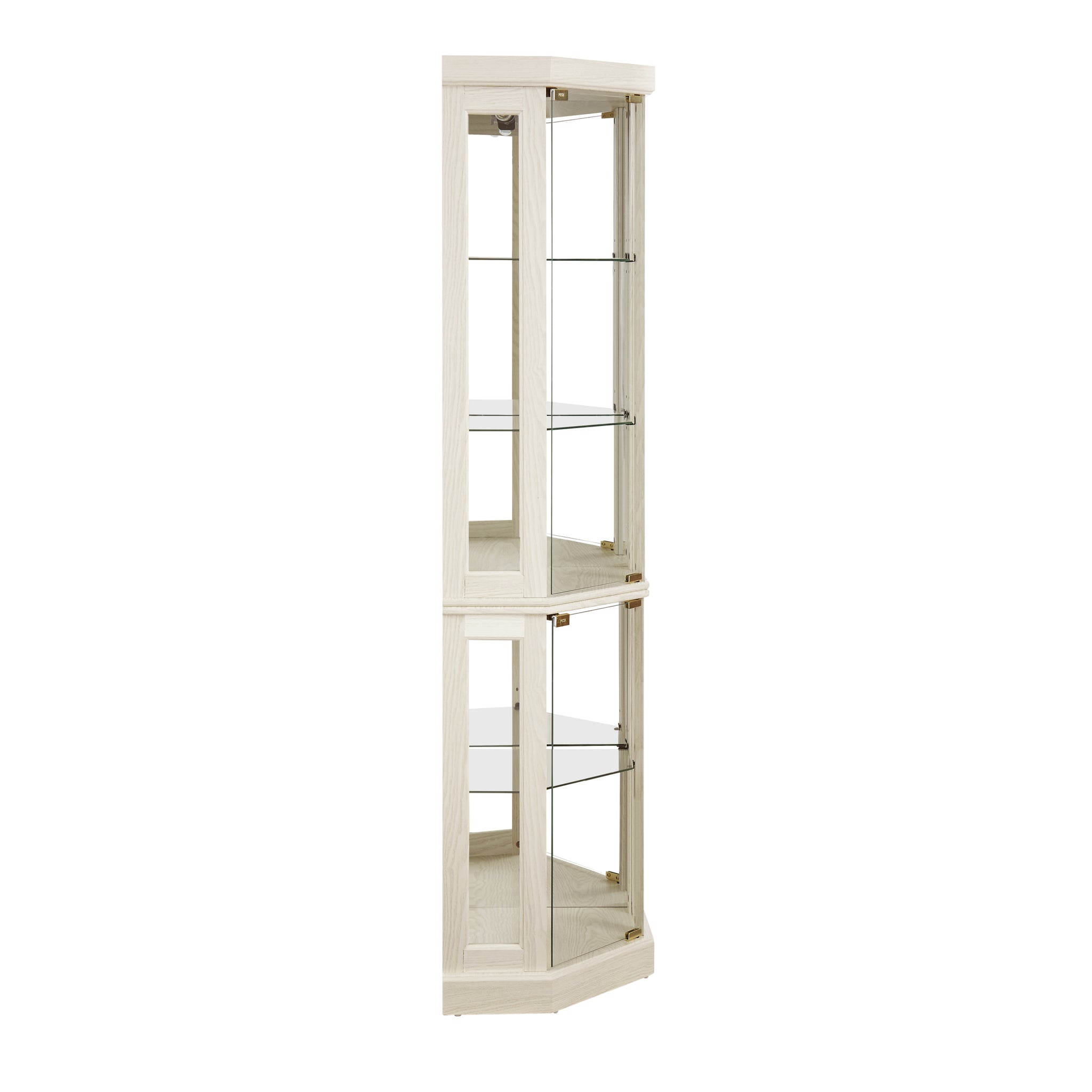 White lacquer lighted corner curio cabinet by Anthony & Home with glass doors and shelves, perfect for displaying collectibles.