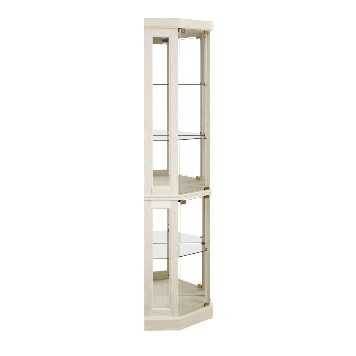 White lacquer lighted corner curio cabinet by Anthony & Home with glass doors and shelves, perfect for displaying collectibles.