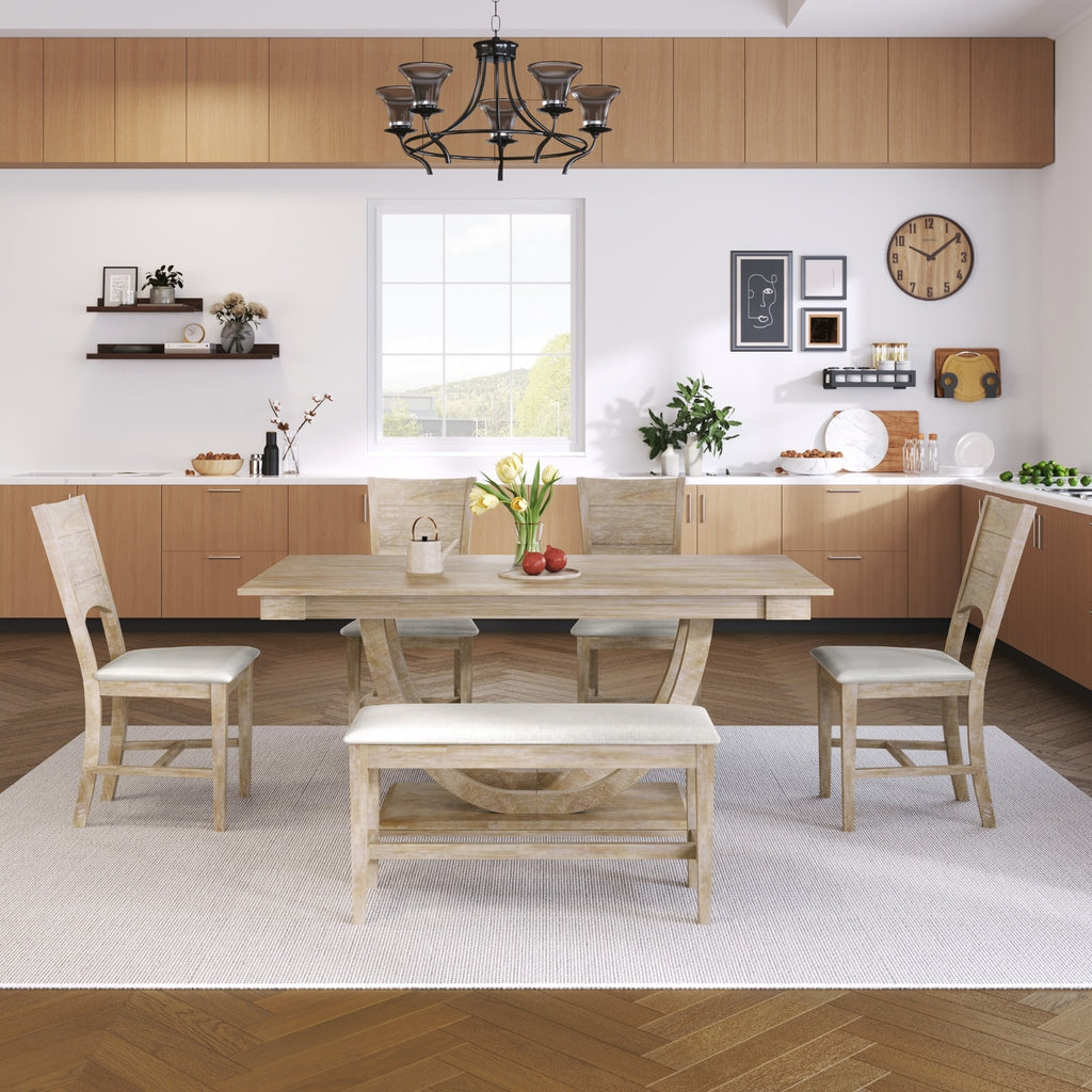 Topmax 6 Wood Half Round Dining Set With Bench And Chairs
