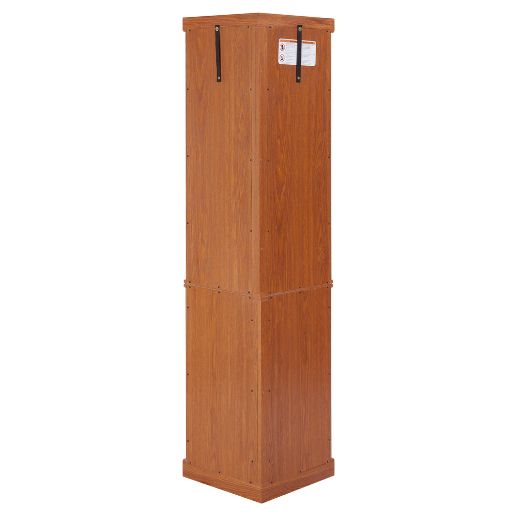 Dark oak corner lighted curio cabinet by Anthony & Home with glass doors and interior lighting, showcasing collectibles and display items.