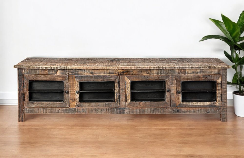 76" Brown Distressed Reclaimed Wood Enclosed Storage TV Stand