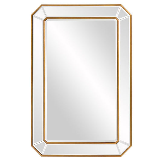 Rectangular gold leaf mirror with angled corners and a sleek frame, designed by HomeRoots, showcasing its elegant reflective surface.